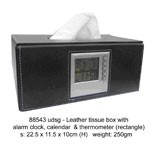 Leather Tissue Box with Alarm Clock, Calendar & Thermometer